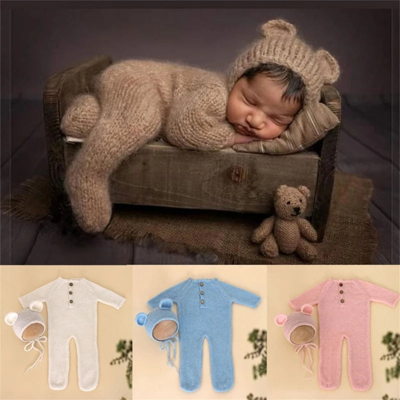 Newborn Photography Mohair Knitted Bear Rompers 2pcs/Sets