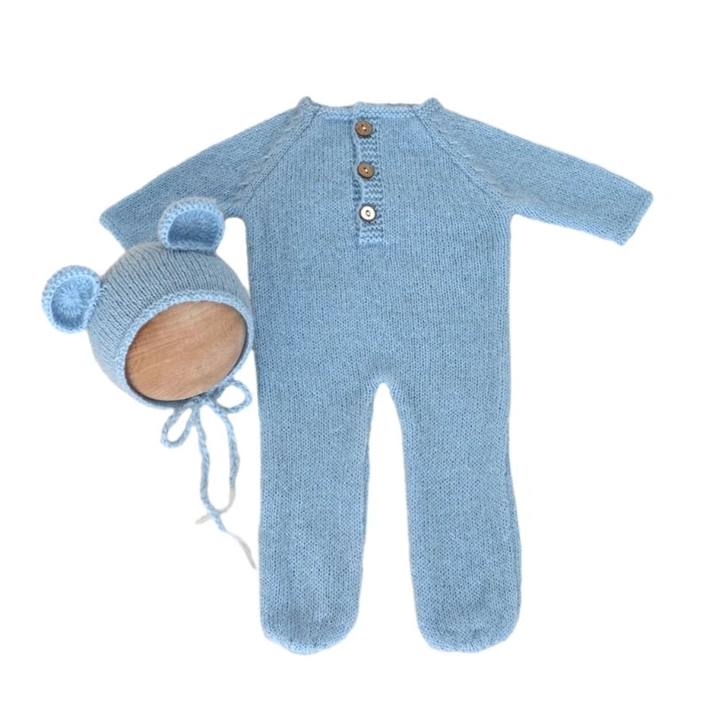 Newborn Photography Mohair Knitted Bear Rompers 2pcs/Sets