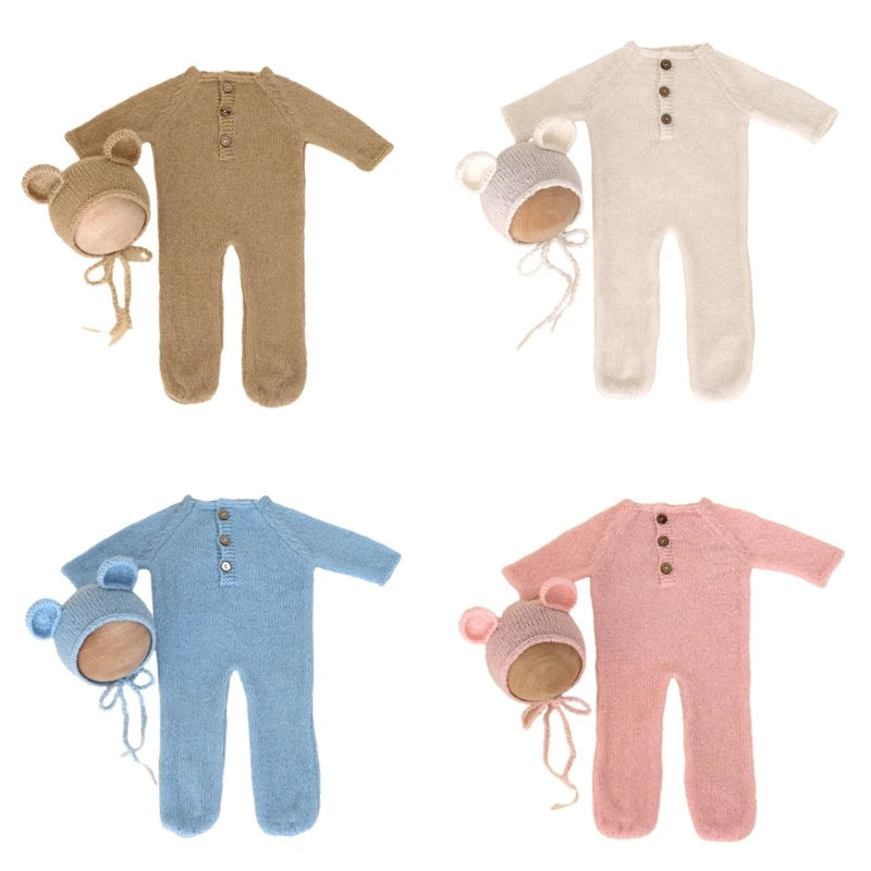 Newborn Photography Mohair Knitted Bear Rompers 2pcs/Sets