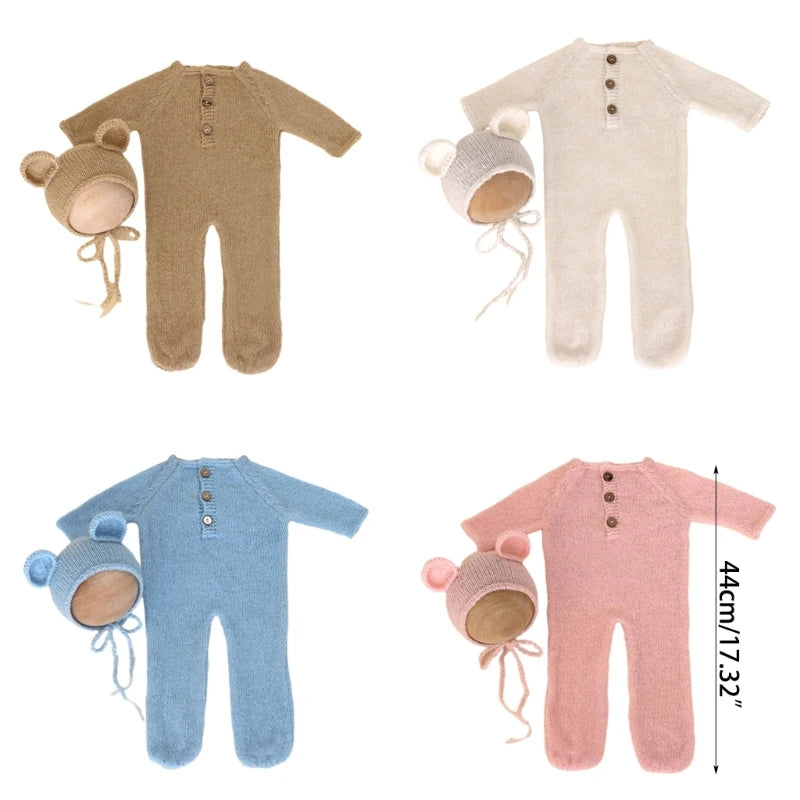 Newborn Photography Mohair Knitted Bear Rompers 2pcs/Sets