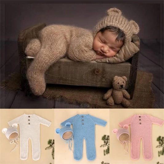 Newborn Photography Mohair Knitted Bear Rompers  2pcs/Sets